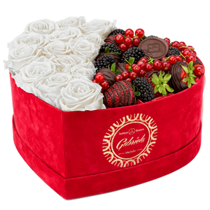 Velvet Heart Box with 15 Roses & Fruit Life Belgian Chocolate Covered Strawberries