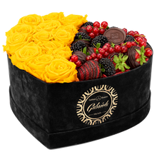 Velvet Heart Box with 15 Roses & Fruit Life Belgian Chocolate Covered Strawberries