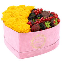 Velvet Heart Box with 15 Roses & Fruit Life Belgian Chocolate Covered Strawberries