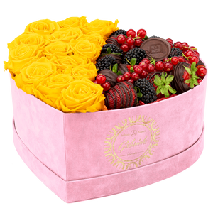 Velvet Heart Box with 15 Roses & Fruit Life Belgian Chocolate Covered Strawberries