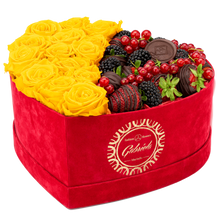 Velvet Heart Box with 15 Roses & Fruit Life Belgian Chocolate Covered Strawberries