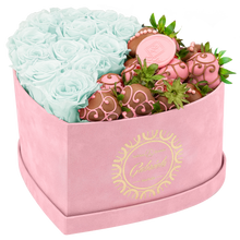 Velvet Heart Box with 10 Roses & Fruit Life Belgian Chocolate Covered Strawberries
