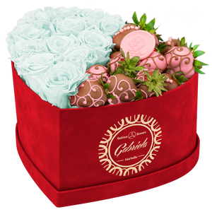 Velvet Heart Box with 10 Roses & Fruit Life Belgian Chocolate Covered Strawberries