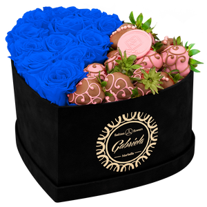 Velvet Heart Box with 10 Roses & Fruit Life Belgian Chocolate Covered Strawberries