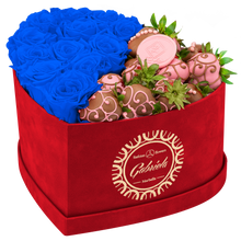 Velvet Heart Box with 10 Roses & Fruit Life Belgian Chocolate Covered Strawberries