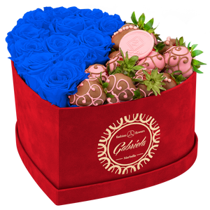 Velvet Heart Box with 10 Roses & Fruit Life Belgian Chocolate Covered Strawberries