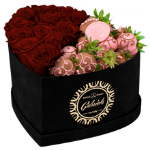 Velvet Heart Box with 10 Roses & Fruit Life Belgian Chocolate Covered Strawberries