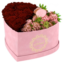 Velvet Heart Box with 10 Roses & Fruit Life Belgian Chocolate Covered Strawberries