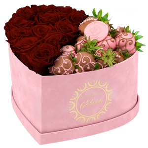 Velvet Heart Box with 10 Roses & Fruit Life Belgian Chocolate Covered Strawberries