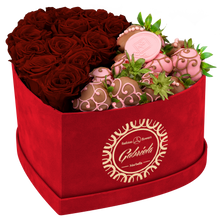 Velvet Heart Box with 10 Roses & Fruit Life Belgian Chocolate Covered Strawberries