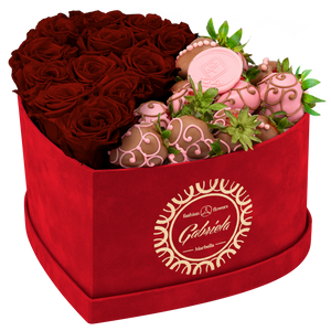 Velvet Heart Box with 10 Roses & Fruit Life Belgian Chocolate Covered Strawberries