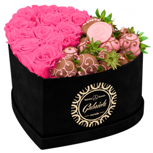Velvet Heart Box with 10 Roses & Fruit Life Belgian Chocolate Covered Strawberries