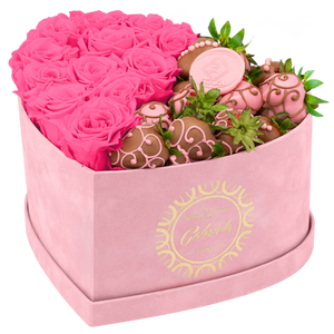 Velvet Heart Box with 10 Roses & Fruit Life Belgian Chocolate Covered Strawberries