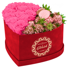 Velvet Heart Box with 10 Roses & Fruit Life Belgian Chocolate Covered Strawberries