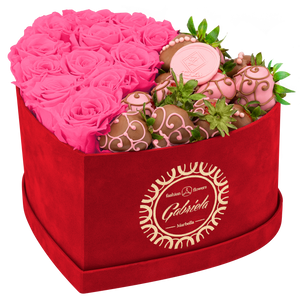 Velvet Heart Box with 10 Roses & Fruit Life Belgian Chocolate Covered Strawberries