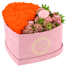Velvet Heart Box with 10 Roses & Fruit Life Belgian Chocolate Covered Strawberries