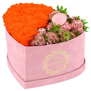 Velvet Heart Box with 10 Roses & Fruit Life Belgian Chocolate Covered Strawberries