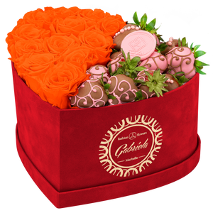 Velvet Heart Box with 10 Roses & Fruit Life Belgian Chocolate Covered Strawberries