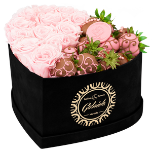 Velvet Heart Box with 10 Roses & Fruit Life Belgian Chocolate Covered Strawberries