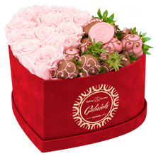 Velvet Heart Box with 10 Roses & Fruit Life Belgian Chocolate Covered Strawberries