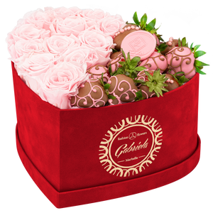 Velvet Heart Box with 10 Roses & Fruit Life Belgian Chocolate Covered Strawberries
