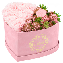 Velvet Heart Box with 10 Roses & Fruit Life Belgian Chocolate Covered Strawberries
