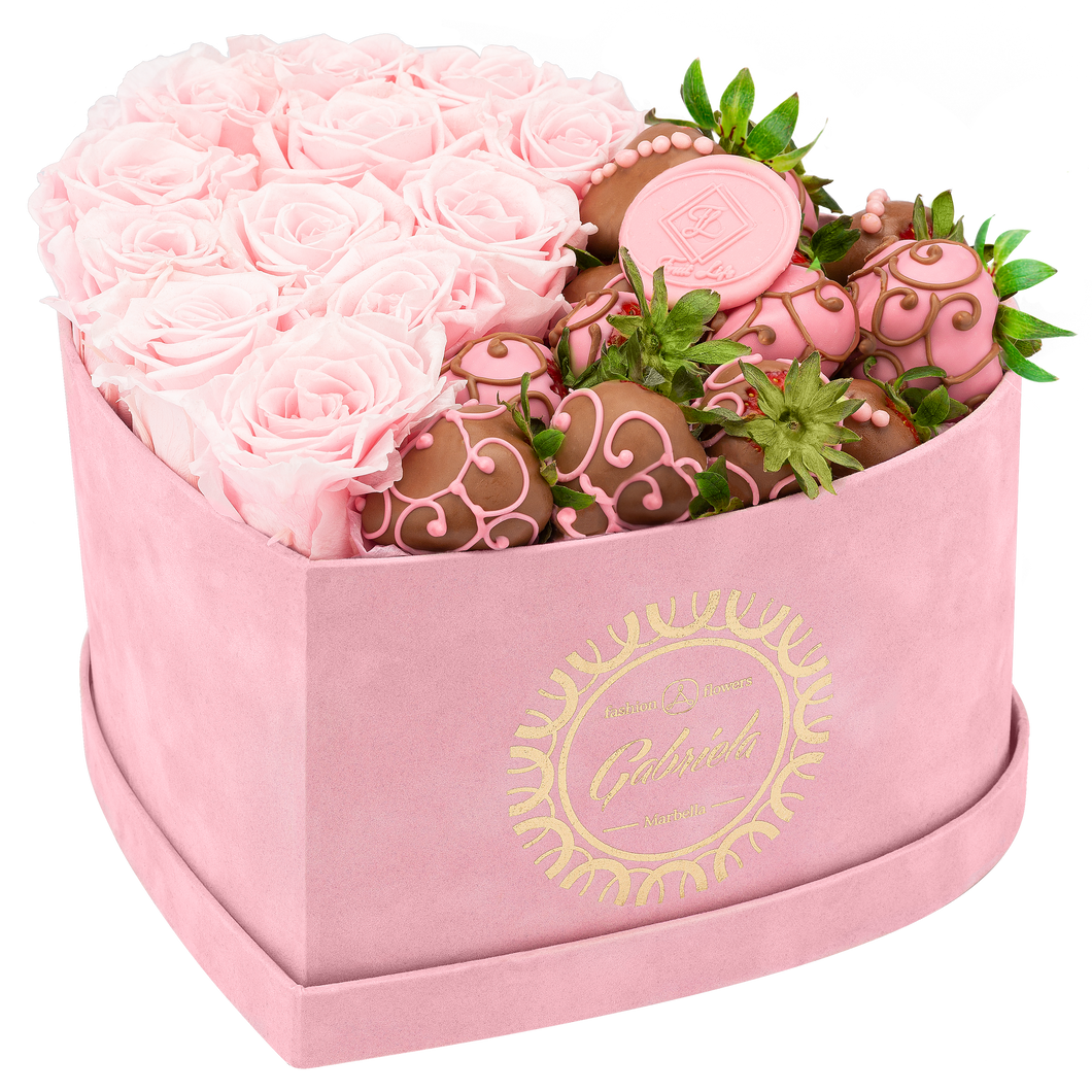 Velvet Heart Box with 10 Roses & Fruit Life Belgian Chocolate Covered Strawberries