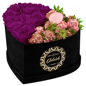 Velvet Heart Box with 10 Roses & Fruit Life Belgian Chocolate Covered Strawberries