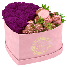 Velvet Heart Box with 10 Roses & Fruit Life Belgian Chocolate Covered Strawberries