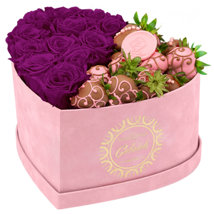 Velvet Heart Box with 10 Roses & Fruit Life Belgian Chocolate Covered Strawberries