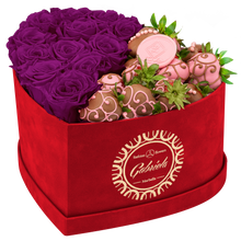 Velvet Heart Box with 10 Roses & Fruit Life Belgian Chocolate Covered Strawberries