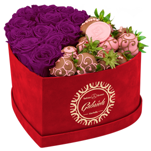 Velvet Heart Box with 10 Roses & Fruit Life Belgian Chocolate Covered Strawberries