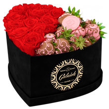 Velvet Heart Box with 10 Roses & Fruit Life Belgian Chocolate Covered Strawberries