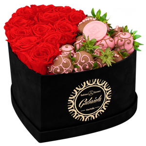 Velvet Heart Box with 10 Roses & Fruit Life Belgian Chocolate Covered Strawberries