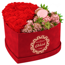 Velvet Heart Box with 10 Roses & Fruit Life Belgian Chocolate Covered Strawberries