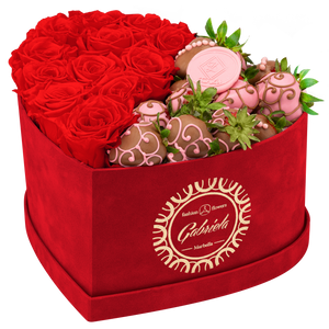 Velvet Heart Box with 10 Roses & Fruit Life Belgian Chocolate Covered Strawberries