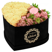 Velvet Heart Box with 10 Roses & Fruit Life Belgian Chocolate Covered Strawberries