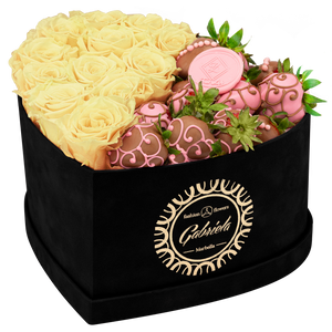 Velvet Heart Box with 10 Roses & Fruit Life Belgian Chocolate Covered Strawberries