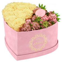 Velvet Heart Box with 10 Roses & Fruit Life Belgian Chocolate Covered Strawberries
