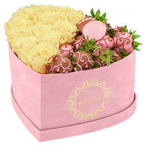 Velvet Heart Box with 10 Roses & Fruit Life Belgian Chocolate Covered Strawberries