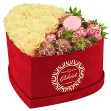 Velvet Heart Box with 10 Roses & Fruit Life Belgian Chocolate Covered Strawberries