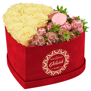 Velvet Heart Box with 10 Roses & Fruit Life Belgian Chocolate Covered Strawberries