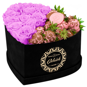 Velvet Heart Box with 10 Roses & Fruit Life Belgian Chocolate Covered Strawberries