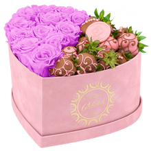 Velvet Heart Box with 10 Roses & Fruit Life Belgian Chocolate Covered Strawberries