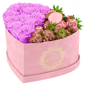 Velvet Heart Box with 10 Roses & Fruit Life Belgian Chocolate Covered Strawberries