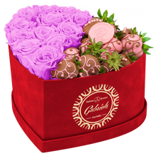 Velvet Heart Box with 10 Roses & Fruit Life Belgian Chocolate Covered Strawberries