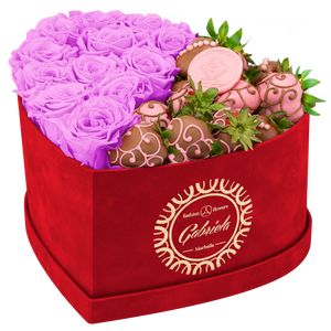 Velvet Heart Box with 10 Roses & Fruit Life Belgian Chocolate Covered Strawberries