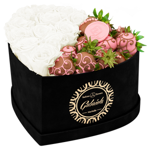 Velvet Heart Box with 10 Roses & Fruit Life Belgian Chocolate Covered Strawberries