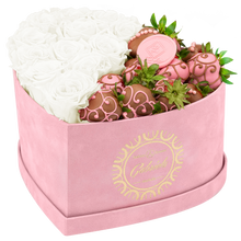 Velvet Heart Box with 10 Roses & Fruit Life Belgian Chocolate Covered Strawberries