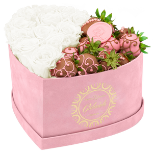 Velvet Heart Box with 10 Roses & Fruit Life Belgian Chocolate Covered Strawberries